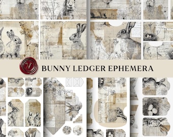 May include: A collage of vintage-style paper ephemera featuring rabbit illustrations, nests, and botanical elements. The designs are in shades of beige, brown, and gray, with the text "BUNNY LEDGER EPHEMERA" displayed prominently. Includes various shapes and sizes for crafting.