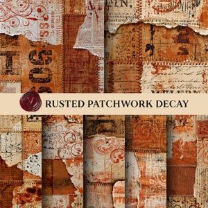 Op de afbeelding: Een digitale collage met een patchwork van gescheurde papiertexturen in roest-, bruin- en crèmetinten. Het ontwerp bevat gelaagde handschriften, vintage typografie en wervelende patronen met zichtbare stiksels. De tekst RUSTED PATCHWORK DECAY staat in het midden.