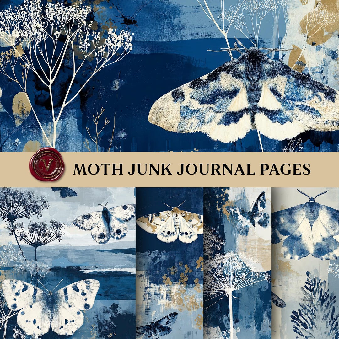 Moth Journal Blue Moth Journal Pages, Abstract Nature Junk Journal Printables ...