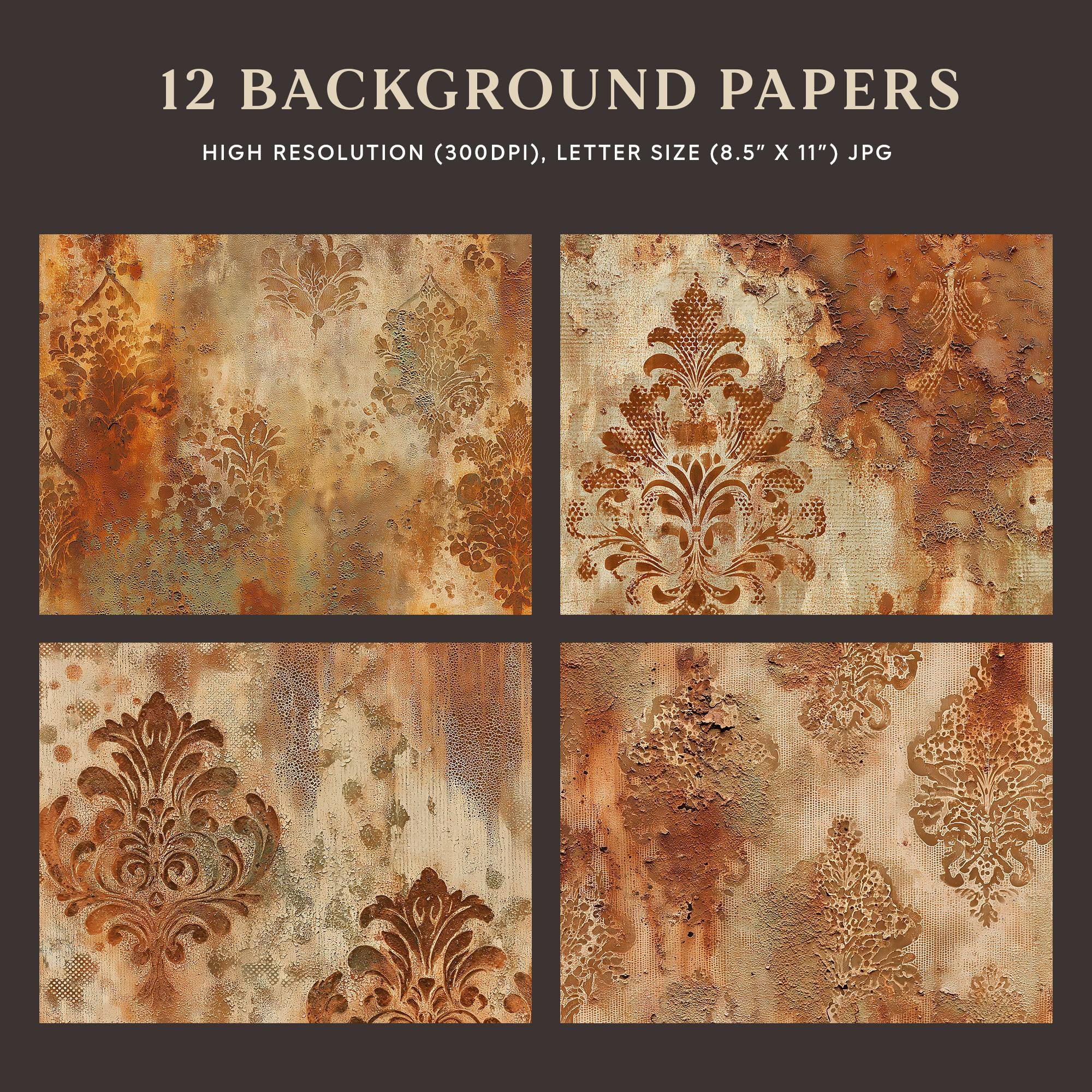 Rust Damask Texture Rust Damask Junk Journal Backgrounds, Distressed Vintage Paper Pack ...