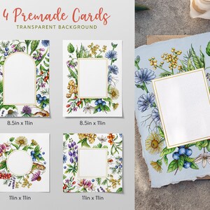 May include: Four printable cards with floral borders and blank white spaces for text. The cards are 8.5 inches by 11 inches and 11 inches by 11 inches. The floral borders feature watercolor illustrations of various flowers, leaves, and herbs.