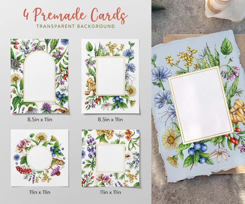 May include: Four printable cards with floral borders and blank white spaces for text. The cards are 8.5 inches by 11 inches and 11 inches by 11 inches. The floral borders feature watercolor illustrations of various flowers, leaves, and herbs.