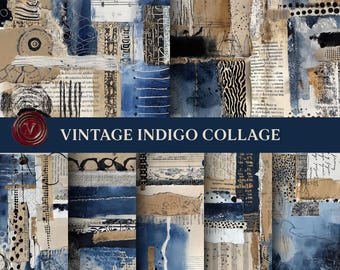Vintage indigo dagboekachtergronden, blauwe collagepapierverpakking, afdrukbare ongewenste dagboekachtergronden, mixed media-plakboekpapier