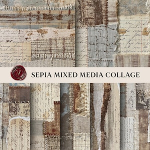 Puede incluir: Un collage de medios mixtos en tonos sepia con un diseño de patchwork. Presenta papel rasgado, tela y escritura a mano en tonos marrones, beige y azules. Se muestra el texto "SEPIA MIXED MEDIA COLLAGE".