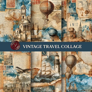 Vintage Reise-Collage-Hintergründe, Reise-Junk-Journal-Papiere, antike Karten, digitales Papier, Heißluftballon-Hintergründe