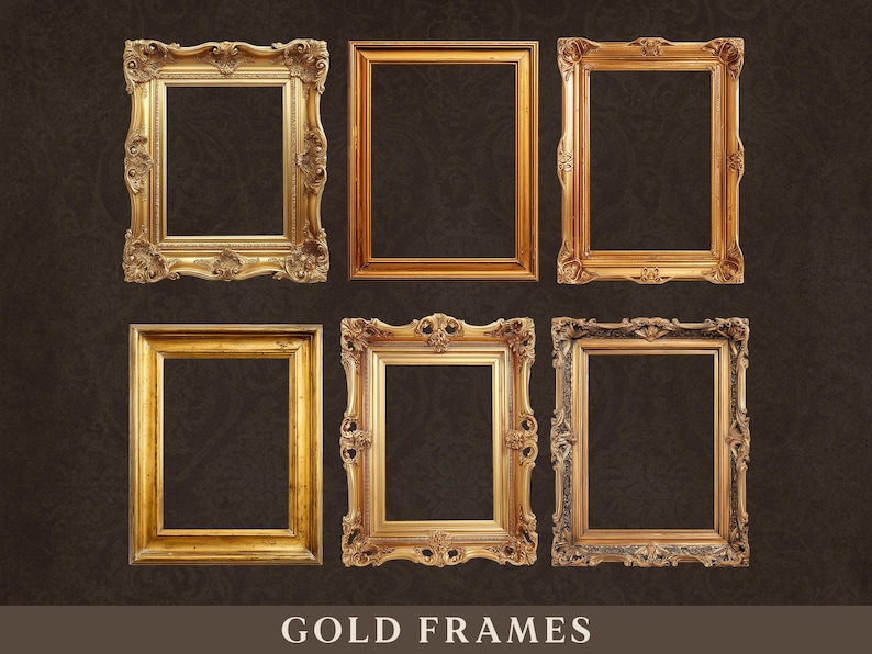 May include: Six decorative gold picture frames with different designs are shown against a dark brown backdrop. The frames are empty, highlighting their detailed craftsmanship and golden colour. The text "GOLD FRAMES" is at the bottom.