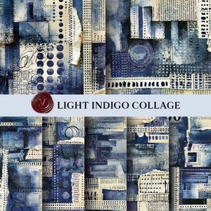 Peut inclure: Un collage aux tons indigo clair, blanc et beige. Il présente un mélange de textures avec du papier déchiré, des textes manuscrits et des éléments peints. Le texte "LIGHT INDIGO COLLAGE" est affiché.