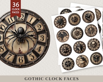 Set di quadranti di orologio gotici vintage in formato PNG: 36 PNG trasparenti + fogli stampabili per il junk journaling