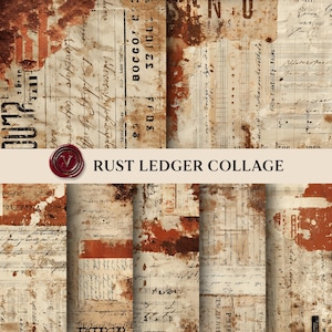 May include: A collage of aged paper with handwritten script, musical notes, and rust-colored stains. The text "RUST LEDGER COLLAGE" is displayed on a banner. The overall aesthetic is vintage and distressed.