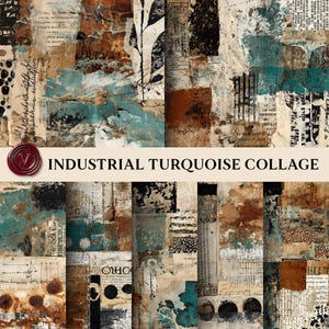 Puede incluir: Un collage con una mezcla de texturas y colores, incluyendo turquesa, marrón y negro. El diseño incorpora papel rasgado, escritura a mano y formas abstractas. Se muestra el texto "INDUSTRIAL TURQUOISE COLLAGE".