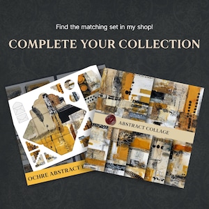 Op de afbeelding: Een set printbaar papier met een abstract collageontwerp in oker, zwart en wit. De vellen bevatten envelopsjablonen, labels en decoratieve elementen met de tekst OCHRE ABSTRACT E en ABSTRACT COLLAGE.