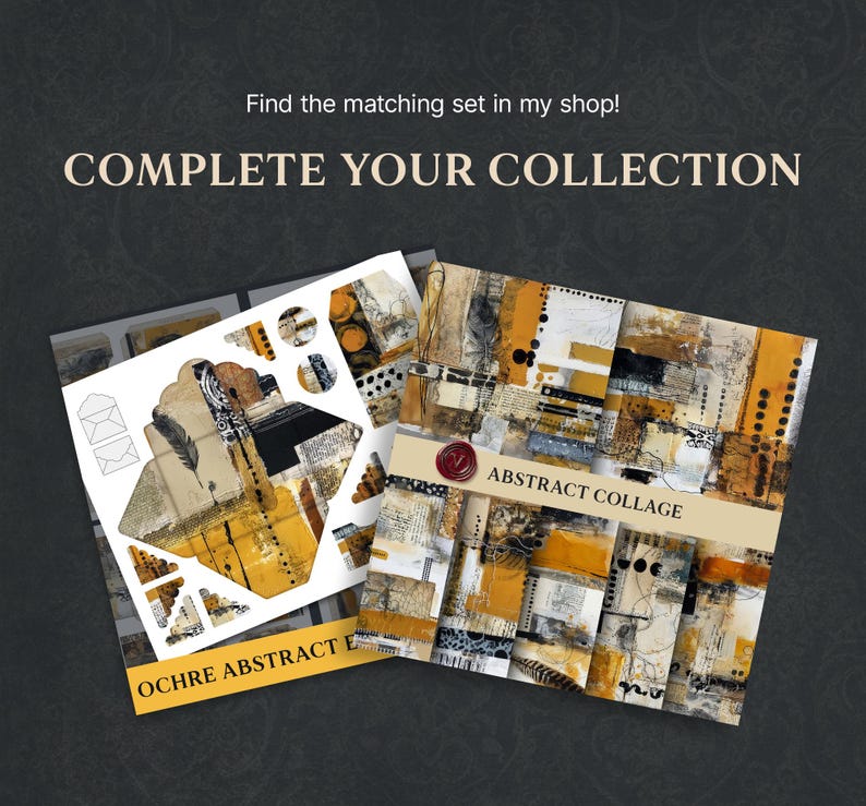 Op de afbeelding: Een set printbaar papier met een abstract collageontwerp in oker, zwart en wit. De vellen bevatten envelopsjablonen, labels en decoratieve elementen met de tekst OCHRE ABSTRACT E en ABSTRACT COLLAGE.