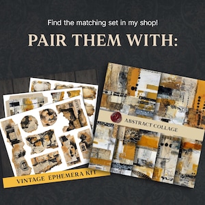 Op de afbeelding: Een vintage ephemera-kit en een abstract collage-set met gescheurde papierelementen, vlinderillustraties en portretfragmenten in mosterdgeel, zwart en wit. De tekst luidt VINTAGE EPHEMERA KIT en ABSTRACT COLLAGE.