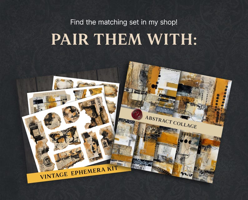 Op de afbeelding: Een vintage ephemera-kit en een abstract collage-set met gescheurde papierelementen, vlinderillustraties en portretfragmenten in mosterdgeel, zwart en wit. De tekst luidt VINTAGE EPHEMERA KIT en ABSTRACT COLLAGE.