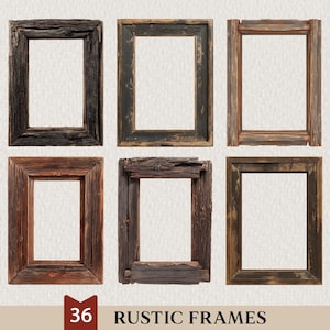 Peut inclure: Six cadres rectangulaires en bois rustique de différentes nuances de marron et de noir. Les cadres ont un aspect vieilli et patiné, avec des veines et des nœuds de bois visibles. Le texte "36 RUSTIC FRAMES" est en bas.