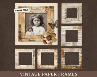 Vintage Paper Frames Printable, Junk Journal Frames, Fussy Cut Frames, Scrapbook Photo Frames, Digital Collage Frames Set