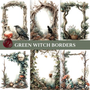 Puede incluir: Seis ilustraciones digitales con marcos rústicos de temática bruja. Los marcos están hechos de ramas nudosas y adornados con un cuervo, un gato negro, botellas de pociones y setas. El texto "GREEN WITCH BORDERS" se muestra en la parte inferior.