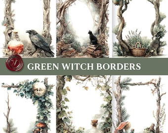 Green Witch Borders Printable: Decorative Junk Journal Frames & Botanical Ephemera