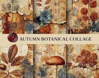 May include: A digital collage sheet titled AUTUMN BOTANICAL COLLAGE featuring layered textures of handwritten script, torn paper, pine cones, brown leaves, and a mushroom in shades of rust, brown, cream, and muted blue with a red wax seal.
