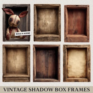 May include: A collection of vintage shadow box frames in various shades of brown. One frame contains a plush rabbit doll. The frames are rectangular with a rustic, aged appearance, perfect for displaying small items. The text "BUILD A SCENE" is visible.