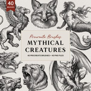 Könnte beinhalten: Eine digitale Sammlung von 40 Procreate-Pinseln und 40 PNG-Dateien mit schwarz-weißen Strichzeichnungen von Fabelwesen, darunter ein Greif, ein Fuchs, eine Meerjungfrau, ein Drache, ein Bär und ein Wasserspeier mit dem Text Mythical Creatures.
