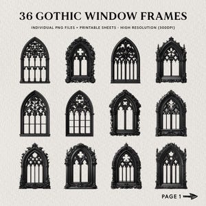 Pu&ograve; includere: Una collezione di 36 design di cornici per finestre gotiche nere. Le cornici presentano dettagli intricati e sono disponibili in una variet&agrave; di forme. Il testo "36 GOTHIC WINDOW FRAMES" e "INDIVIDUAL PNG FILES + PRINTABLE SHEETS - HIGH RESOLUTION (300DPI)" &egrave; presente.