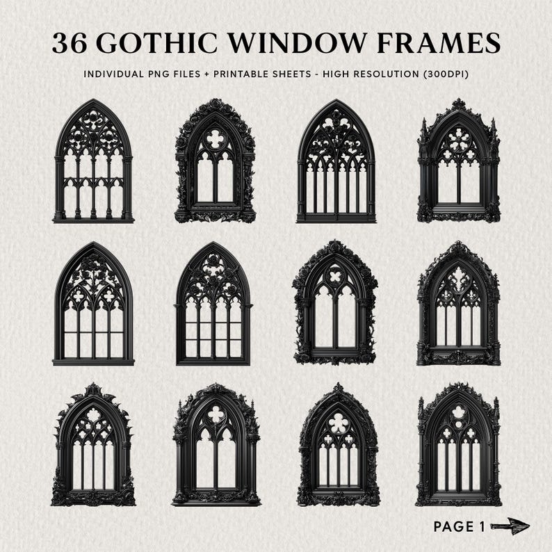 Pu&ograve; includere: Una collezione di 36 design di cornici per finestre gotiche nere. Le cornici presentano dettagli intricati e sono disponibili in una variet&agrave; di forme. Il testo "36 GOTHIC WINDOW FRAMES" e "INDIVIDUAL PNG FILES + PRINTABLE SHEETS - HIGH RESOLUTION (300DPI)" &egrave; presente.