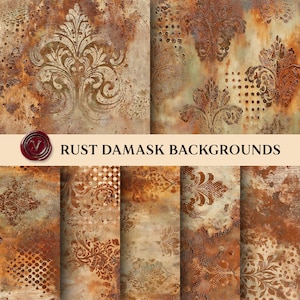 May include: A collection of rust-colored damask backgrounds with ornate floral patterns and distressed textures. The image includes a variety of designs, with the text "RUST DAMASK BACKGROUNDS" displayed prominently.