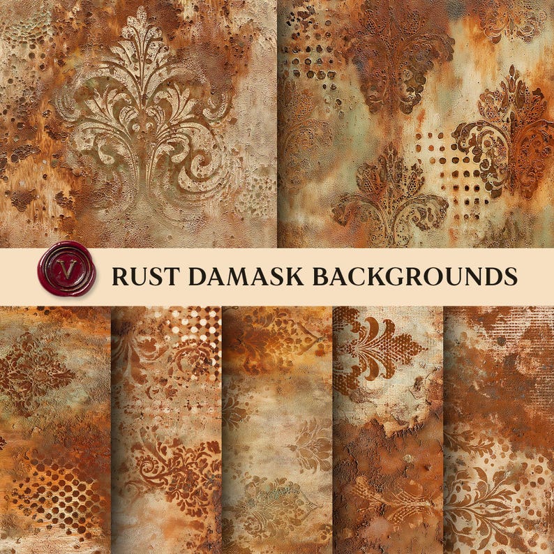 Rust Damask Texture Rust Damask Junk Journal Backgrounds, Distressed Vintage Paper Pack ...