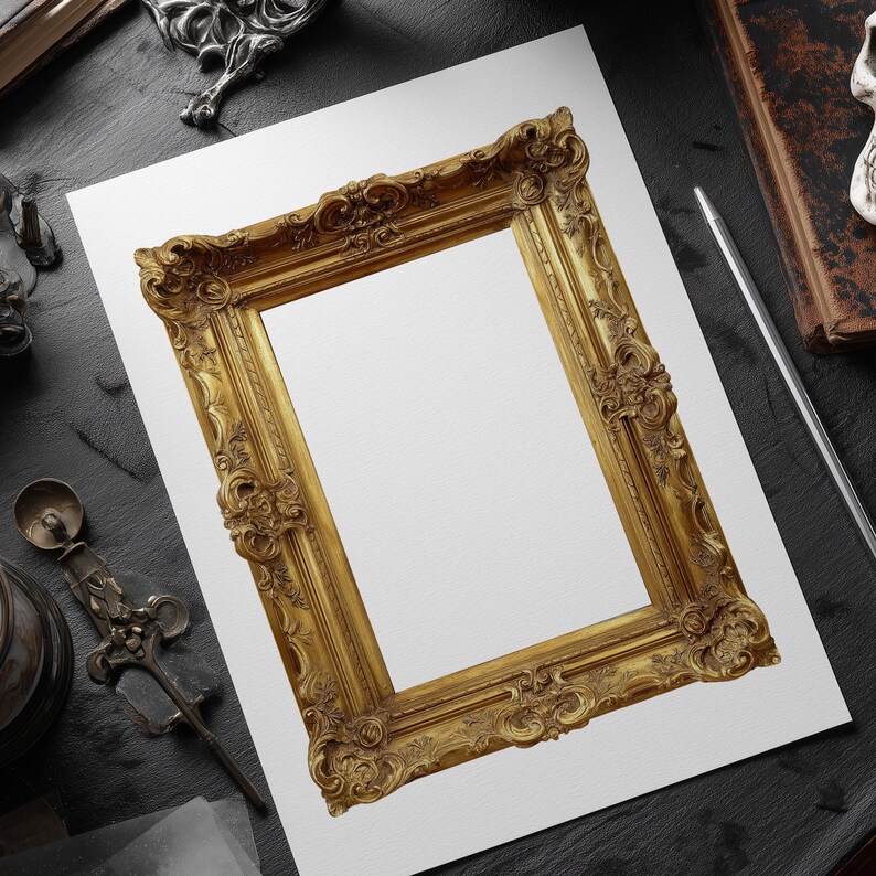 May include: A decorative gold picture frame with elaborate scroll detailing. The frame has a rectangular aperture and is set on a white surface. Other antique objects are visible in the background. The frame is a traditional design, ideal for artwork or photos.