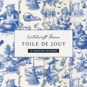 May include: Blue and white toile de jouy seamless patterns with a witchcraft theme. The patterns feature witches, cauldrons, skulls, brooms, and other related imagery. The text "Witchcraft Theme TOILE DE JOUY" is displayed in the center.