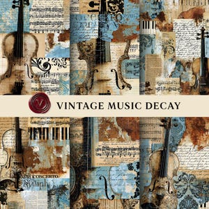 Digital Paper, Vintage Music Collage Backgrounds, Blue Violin Decay Junk Journal Paper, Printable Mixed Media Scrapbook Papers