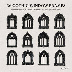 Pu&ograve; includere: Una collezione di 36 design di cornici per finestre gotiche nere. L'immagine include vari stili di cornici per finestre ornate, con il testo "36 GOTHIC WINDOW FRAMES" e "PAGE 3". Le cornici sono file PNG individuali e fogli stampabili.
