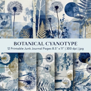 Könnte beinhalten: Eine Sammlung von 12 druckbaren Junk-Journal-Seiten mit botanischen Cyanotypie-Designs. Die Seiten zeigen Pusteblumen, Farne und abstrakte Formen in Blau, Weiß und Gold. Jede Seite misst 21,59 cm x 27,94 cm.
