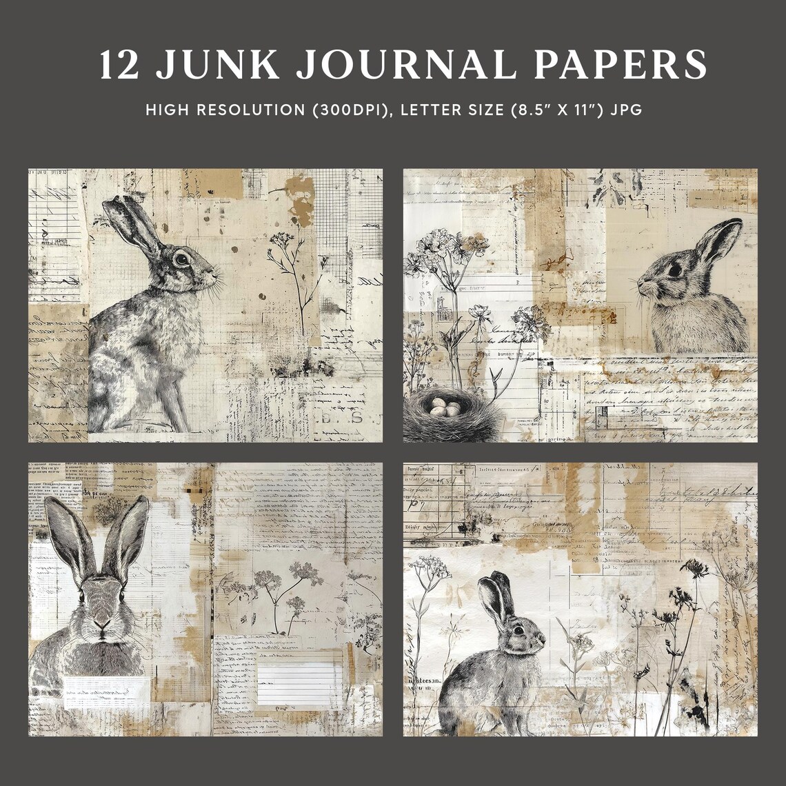 Easter Bunny Junk Journal Pages, Vintage Rabbit Printable Paper, Spring ...