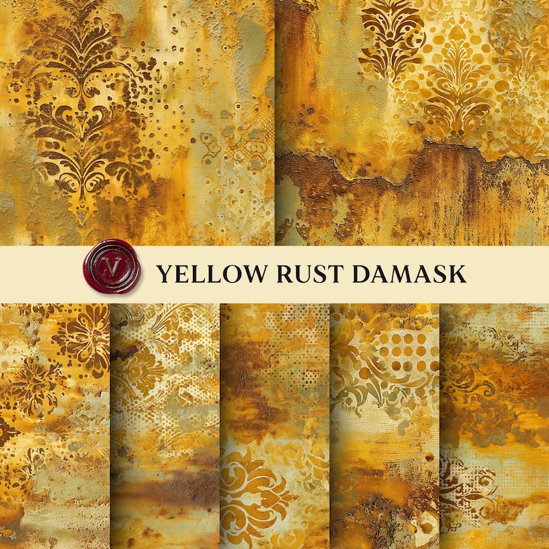 Rust Damask Texture Yellow Rust Junk Journal Backgrounds, Damask Printable Paper Pack ...