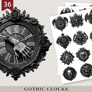 Black Gothic Clock Faces: 36 Dark Gothic Clocks, Printable Gothic Journal Ephemera. Horror Timepieces, PNG Fussy Cuts, Junk Journal Clocks