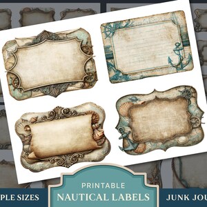 May include: A collection of printable nautical labels featuring four distinct rectangular frames with ornate edges. The designs incorporate vintage-style parchment textures, seashells, anchors, and ship wheels in muted blue, beige, and brown tones.
