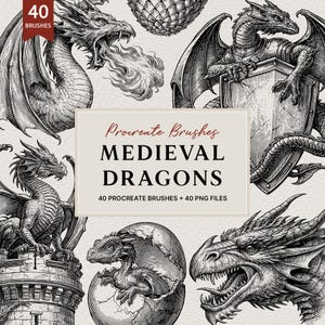Può includere: Una collezione digitale di 40 pennelli Procreate e 40 file PNG intitolata Medieval Dragons. Le illustrazioni in bianco e nero in stile inchiostro raffigurano draghi, tra cui uno che sputa fuoco, uno con uno scudo, uno su una torre e uno che esce da un uovo.