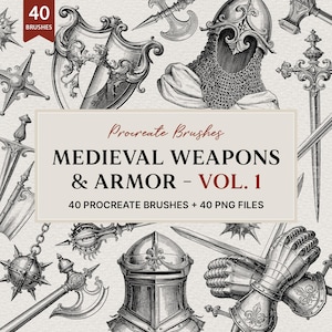 Könnte beinhalten: Eine digitale Sammlung von 40 Procreate-Pinseln und 40 PNG-Dateien mit dem Titel Medieval Weapons & Armor - Vol. 1. Die Grafik zeigt schwarz-weiße Tuscheillustrationen verschiedener mittelalterlicher Helme, Schilde, Schwerter und Streitkolben.