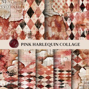 Puede incluir: Una hoja de collage digital con un patrón de arlequín rosa con formas de diamante, texturas de papel desgastado, escritura antigua y lunares. El diseño incluye un sello de cera rojo y el texto PINK HARLEQUIN COLLAGE en negro.