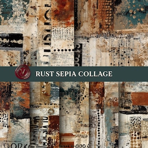 May include: A collage featuring textured paper in rust, sepia, and teal tones. The design includes text, dots, and stitching details. The words "RUST SEPIA COLLAGE" are displayed on a dark green banner.