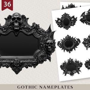 Pode incluir: Placas de identificação góticas pretas com detalhes de caveiras e flores. A placa principal tem formato retangular com centro em branco. Vários outros designs são exibidos em fundo branco.