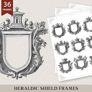 Pode incluir: Molduras de escudos heráldicos em preto e branco. A imagem apresenta uma moldura de escudo grande e ornamentada com um elemento arquitetônico detalhado no topo e vários designs de molduras de escudo menores em uma pilha de papel. O texto "36 FRAMES" está em uma faixa vermelha.