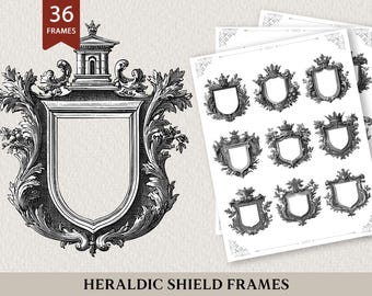 Heraldic Shield Frames: Vintage Coat of Arms Borders. Printable Crest Frames, Junk Journal Shields