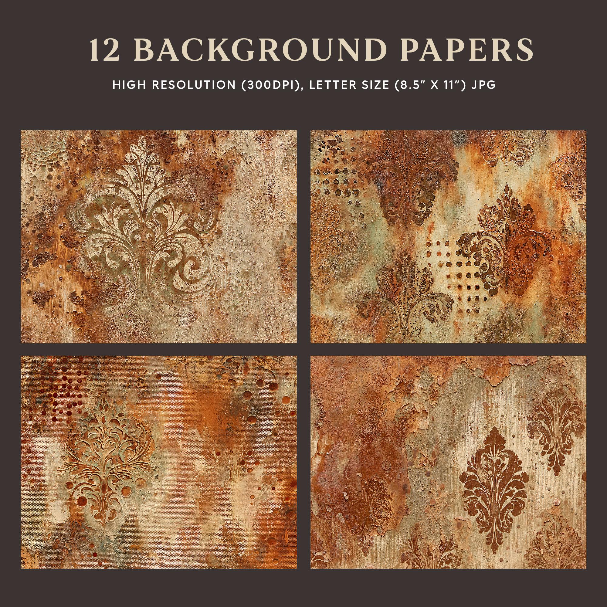 Rust Damask Texture Rust Damask Junk Journal Backgrounds, Distressed Vintage Paper Pack ...
