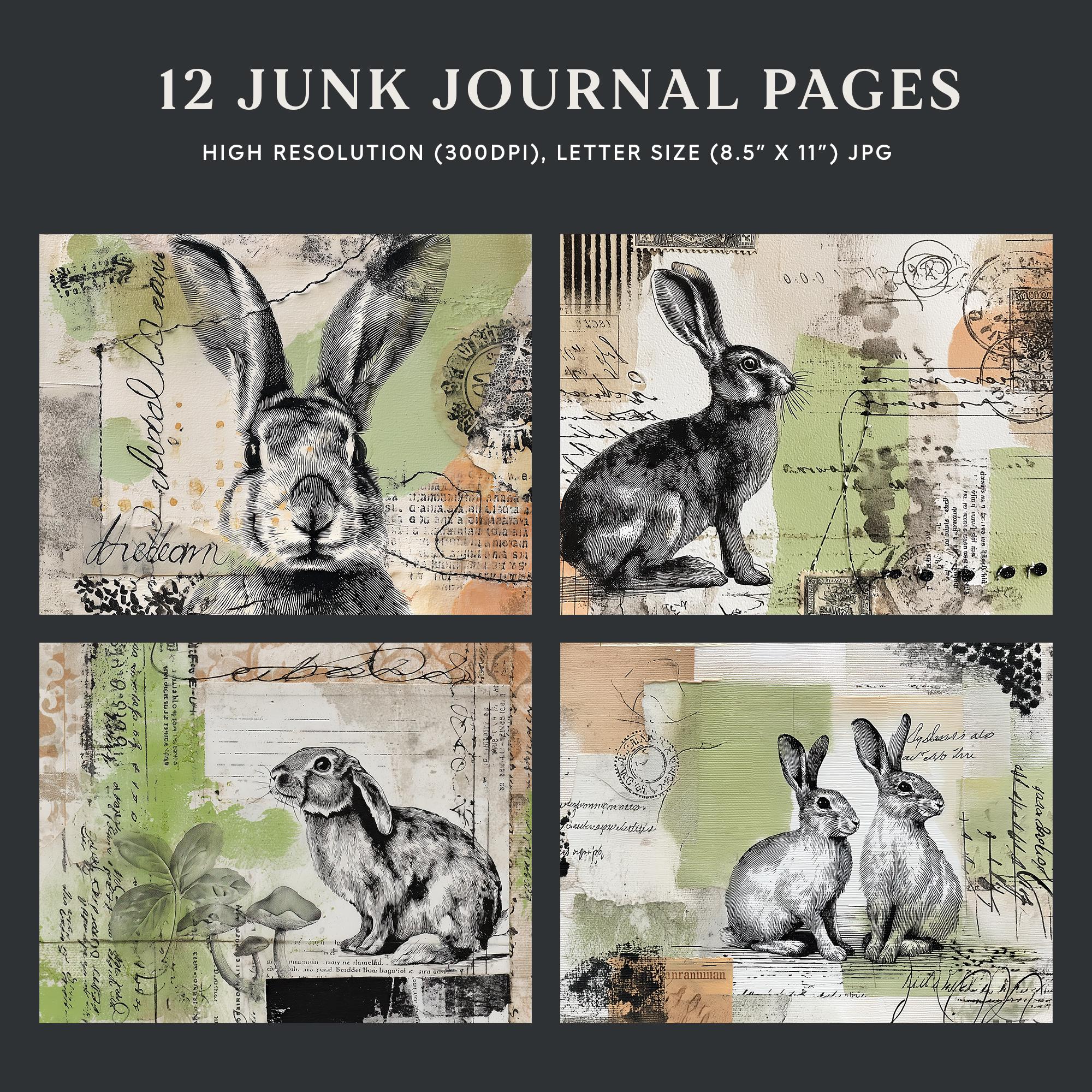 Green Bunny Junk Journal Pages, Rabbit Collage Printable, Easter ...