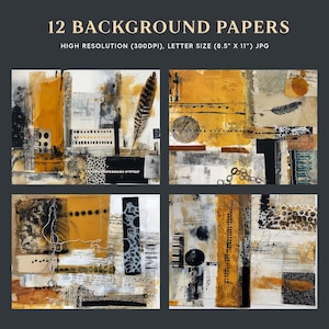 Op de afbeelding: Een set van 12 achtergrondpapieren met abstracte collageontwerpen in mosterdgeel, zwart en wit. De digitale bestanden zijn hoge resolutie 300dpi, letterformaat 21,59 cm bij 27,94 cm, en bevatten texturen zoals veren, tekst en stippen.