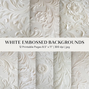 Könnte beinhalten: Weiße geprägte Hintergründe mit floralen und scrollartigen Designs. Das Bild zeigt 12 druckbare Seiten, jeweils 21,6 cm x 27,9 cm groß. Die Hintergründe weisen detaillierte, erhabene Muster auf, ideal für verschiedene kreative Projekte.