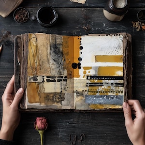 Op de afbeelding: Een open dagboek met ruwe randen voorzien van een mixed-media collage op de pagina's. Het kunstwerk bevat tinten oker, cr&egrave;me en zwart, met een prominente veerillustratie, abstracte inktspatten en gelaagde papierstructuren.